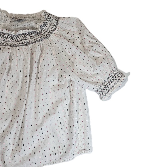 LOFT Blouse Womens XL Smocked‎ Neck Puff Sleeve Embroidered Peasant Boho Top - Picture 5 of 7